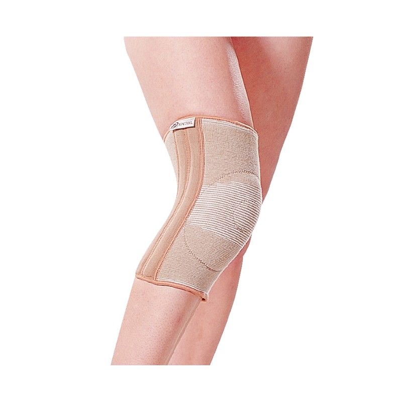 Orteza stawu kolanowego ze wzmocnieniami i osłoną silikonową wciągana tkaninowa